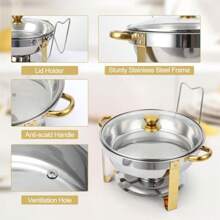 Danolapsi Chafing Dish Buffet Set,5QT Round Chafing Dishes For Buffet,Stainless Steel Chafers And Buffet Warmer With Lid Holder & Glass Lid For Parties Wedding Camping Dinner Event Holiday - 4PCS vàng - Xem 4