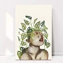 Framed 1pc Wooden Frame Abstract Green Plants Lady (1) Canvas Wall Art Pictures Poster Painting For Bathroom Decor Bedroom D   Ecor Office Decor