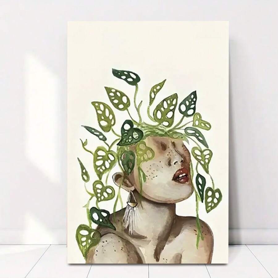 Framed 1pc Wooden Frame Abstract Green Plants Lady (1) Canvas Wall Art Pictures Poster Painting For Bathroom Decor Bedroom D   Ecor Office Decor