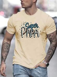 男士夏季字母印花圆领短袖休闲T恤 - 杏色 - 查看 3