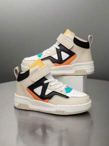 1 Pair Children's Casual Fashion High-Top Color Block Sports Shoes For Boys And Girls, Suitable For All Season - Khaki - View 2