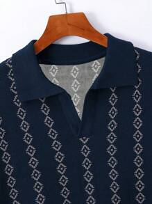Men's Vintage Jacquard Pattern Short Sleeve Knit Top - Navy Blue - View 2