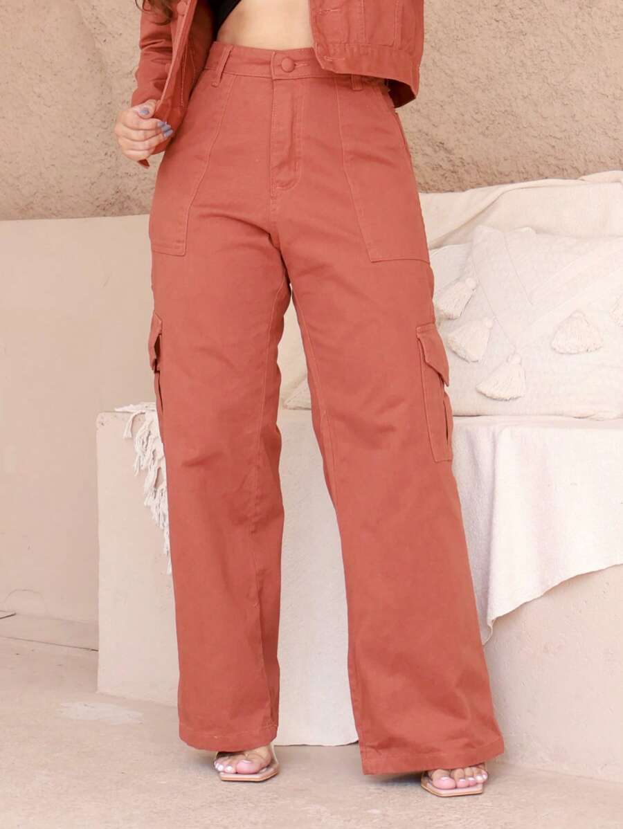 Wide Leg Cargo Pants 's Jeans With Side Pocket Black - Mocha Brown - View 1