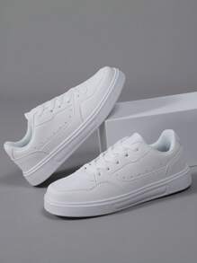 White PU Leather Low-Top Casual Sneakers For Men, Round Toe Lace-Up Flat Bottom Soft Sole Spring/Autumn