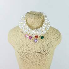 Heart Rhinestone Pendant Cultured Pearl Necklace, Decorative Accessory For Small-Medium Pets
