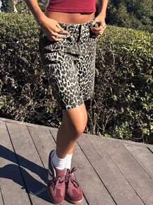Short casual de mujer con bolsillo frontal y estampado de leopardo, para uso diario