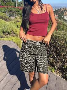 Short casual de mujer con bolsillo frontal y estampado de leopardo, para uso diario