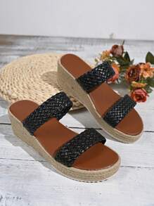 Women's Platform Wedge Sandals, Single Strap, Straw Sole, Wide Fit - Black - View 7