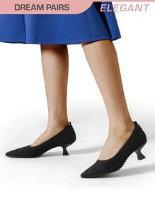 Women's Kitten Heels Pointed Toe Work Pumps Comfortable Knitted Closed Toe Solid Color Dress Wedding Shoes For Casual, Formal, And Commute Wear - Black - View 1