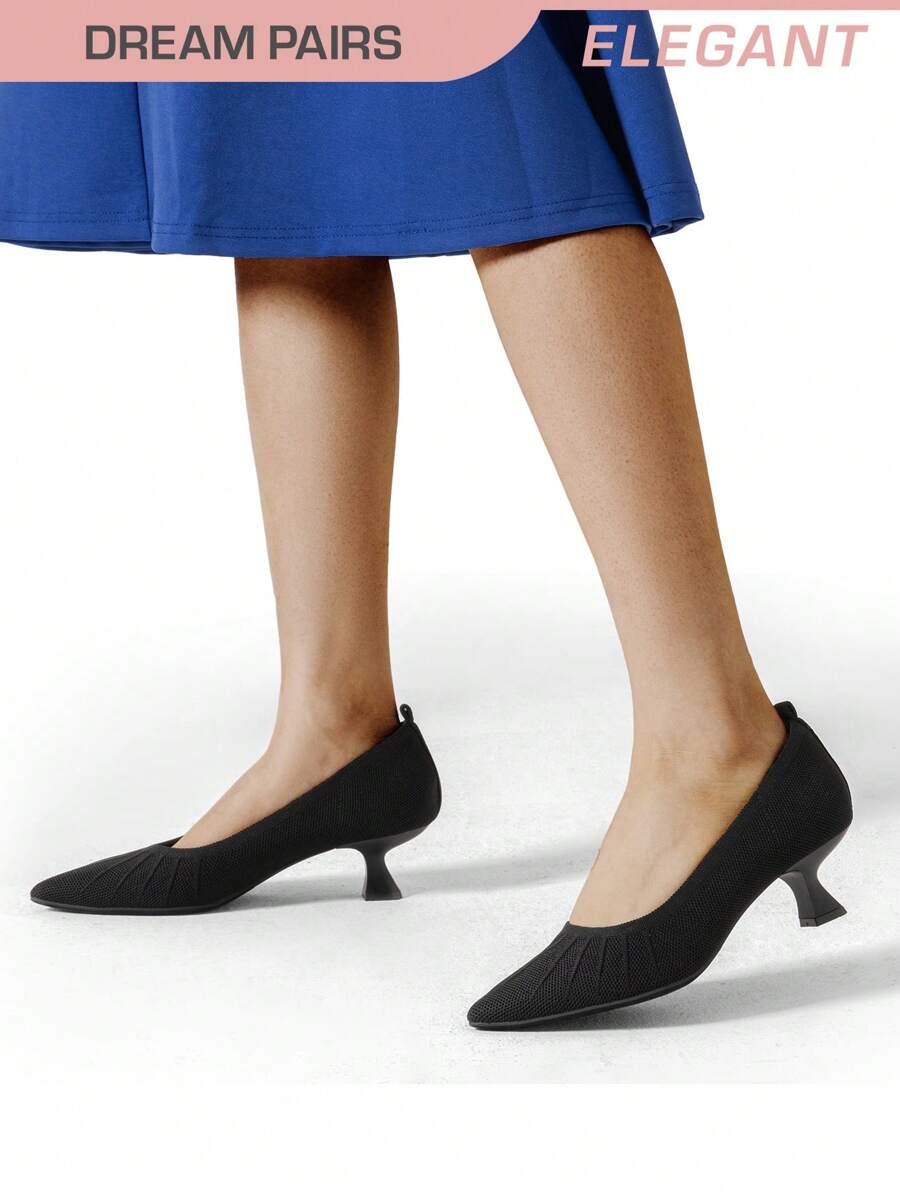 Women's Kitten Heels Pointed Toe Work Pumps Comfortable Knitted Closed Toe Solid Color Dress Wedding Shoes For Casual, Formal, And Commute Wear - Black - View 1