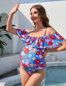 GoyRrbay Traje de baño de maternidad de una pieza con hombros descubiertos y volantes, estampado de embarazo, cómodo traje de baño de verano - Flores rojas sobre fondo azul - Ver 3