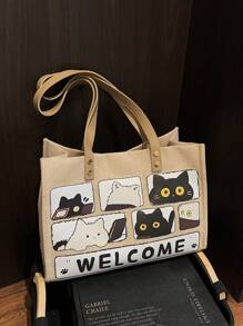 Cartoon Print Large Capacity Canvas Tote Bag,Women's Handbag,Shoulder Bag,Casual Commuting And School Bag,Spring/Summer 2025 New Arrivals