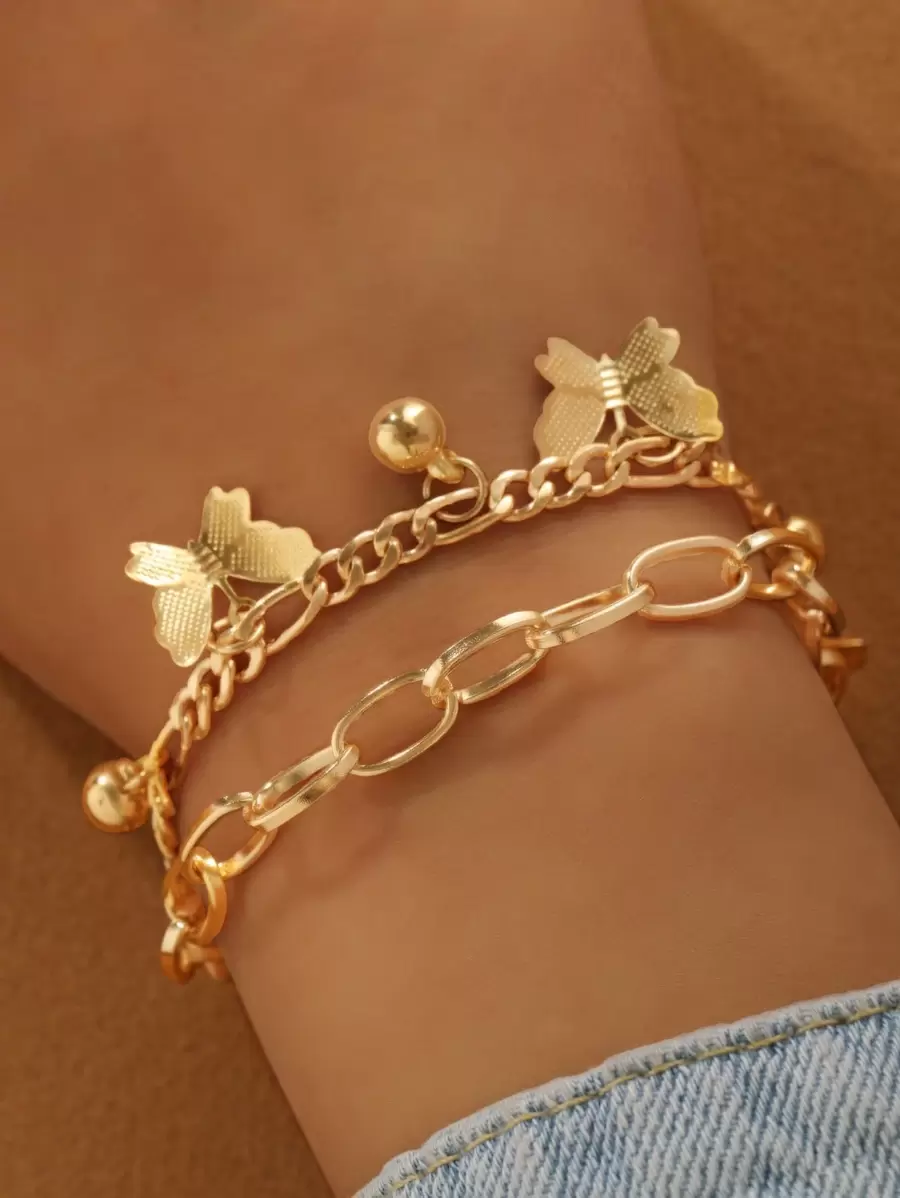 1 件时尚简约双层蝴蝶金属手链，时尚优雅的设计适合日常佩戴，是约会礼物的理想选择，男女通用