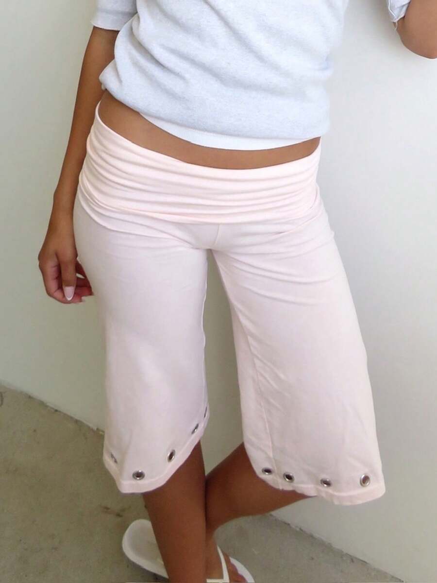 Women Shorts, Summer Elastic Waist Solid Eyelets Casual Shorts Streetwear For Daily - 粉色 - 查看 1