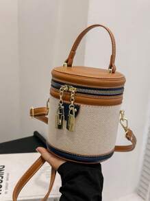 Mini bolso tipo cubo retro redondo - Contraste de color vibrante, diseño de bandolera elegante - Bolso cilíndrico versátil para un estilo moderno