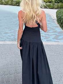 女士褶皱V领无袖系腰休闲黑色中长连衣裙，纯色优雅梭织面料，适合夏季派对穿着 - 黑色 - 查看 3