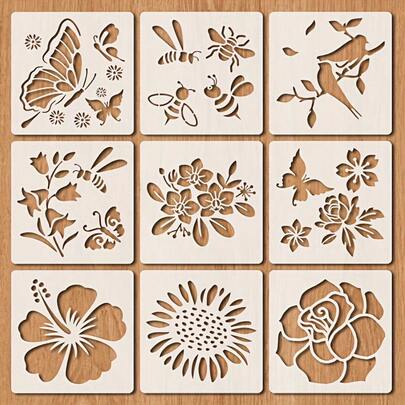 9 Stück Blumen Schablonen, wiederverwendbare Sonnenblumen Bienen Schmetterlinge Vögel Schablonen Frühling Natur Vorlagen DIY Handwerk Schablonen zum Bemalen auf Wand Leinwand Heimdekoration