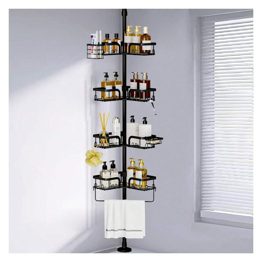 Corner Tension Pole, 4-Tier Rustproof Shower Organizer Storage ForShower Bathtub Shampoo,56 To 113 Inch Adjustable Floor Standing Shower Shelves Black - Multicolor - View 1