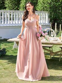 UNITHORSE Robe de demoiselle d'honneur élégante avec jupe évasée à taille croisée et ourlet volant de couleur unie - Rose bonbon - Voir 8