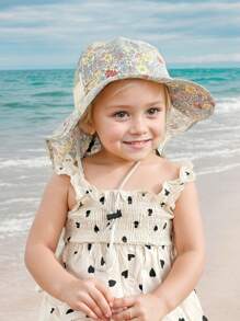 1 pieza Nuevo sombrero de sol con estampado floral pequeño para niña, ajustable, con correa a prueba de viento y malla transpirable, sombrero de playa de verano con pañuelo para niños