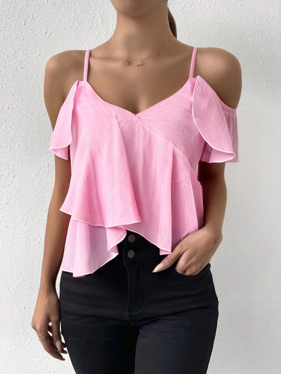 Cold Shoulder Ruffle Trim Cami Top - Pink - View 1