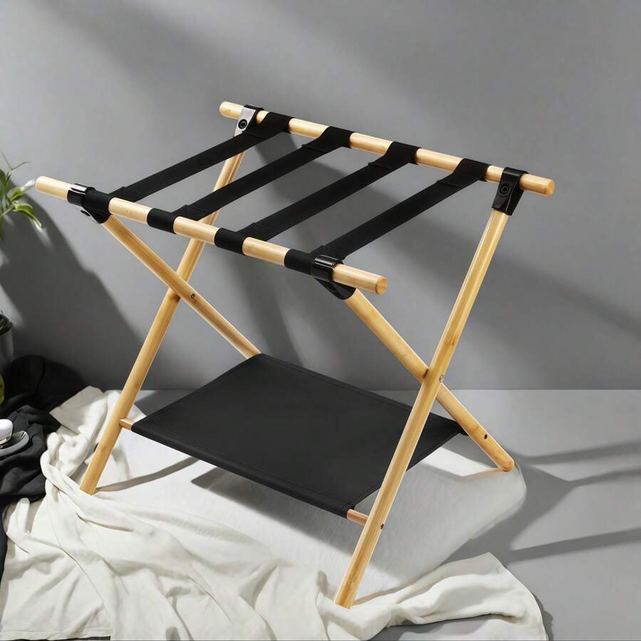 Boho Chic Foldable Bamboo Luggage Rack | 2-Tier Storage For Shoes & Essentials | Minimalist Bedroom Organizer, Travel & Small Space Solution - Black - View 1