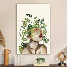 Framed 1pc Wooden Frame Abstract Green Plants Lady (1) Canvas Wall Art Pictures Poster Painting For Bathroom Decor Bedroom D   Ecor Office Decor