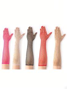 1 Pair Long Five-Finger Rhinestoned Bohemian Party Nylon (Polyamide) Hollow Sheer Wedding Socks, All-Season - Long Five Fingers Hot Diamond - View 10