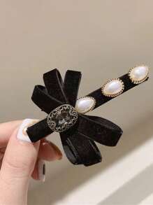复古天鹅绒蝴蝶结仿珍珠发夹