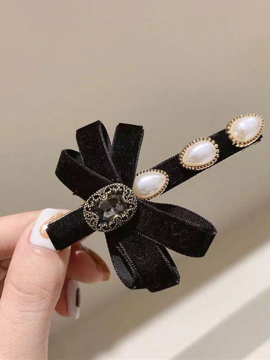 复古天鹅绒蝴蝶结仿珍珠发夹