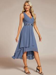 EVERPRETTY Elegant V-Neck Embroidered Applique Ruffle Light Blue Chiffon Bridesmaid Dress, Semi-Formal Wedding Guest Dress