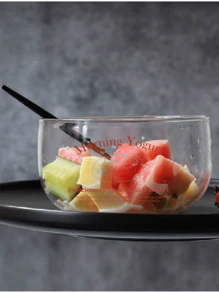1pc 350ml Original Homemade French Glass Yogurt Bowl With Retro Illustrations, High Borosilicate Heat-Resistant Fruit Bowl, Salad Bowl, Cute,School Supplies