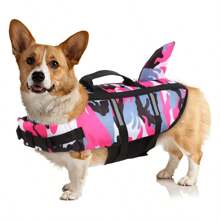 Camo Dog Life Jacket With Shark Fin Adjustable Reflective Pet Floatation Vest With Rescue Handle Life Preserver For Dog Swimming - Pink - View 10