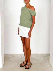 Maglione casual e comodo da donna con spalla obliqua, oversize, maniche corte, in maglia larga, top per uscire, adatto per primavera, estate e autunno