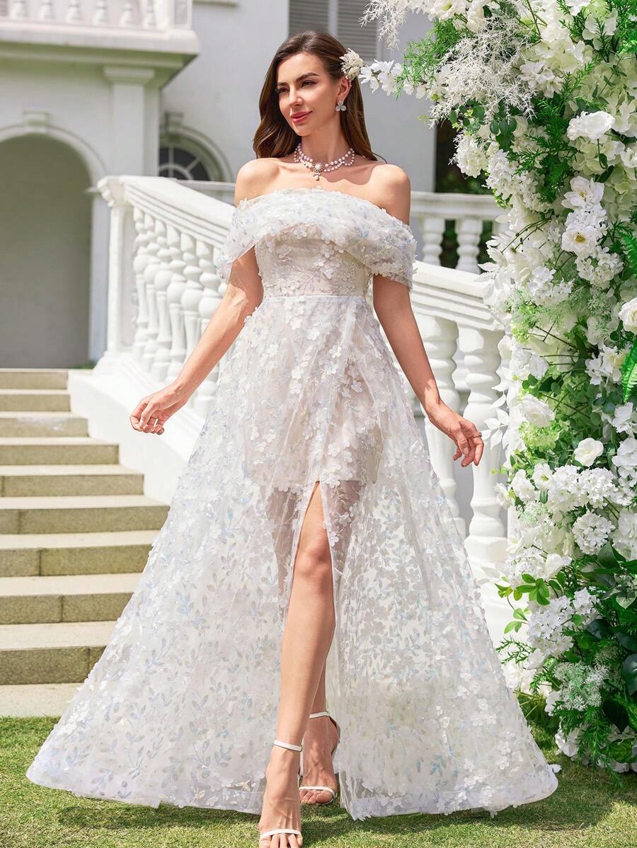 UNITHORSE Off Shoulder Strapless Ruffle Flower Beaded Embroidery Short Inner Mesh Long Dress Elegant Gown, Wedding Dress,Bride, All White Party Outfit Women - White - View 1