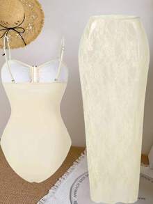 Conjunto de traje de baño de una pieza sin mangas con falda de cobertura de encaje, nueva llegada del verano 2025 - Albaricoque - Ver 3
