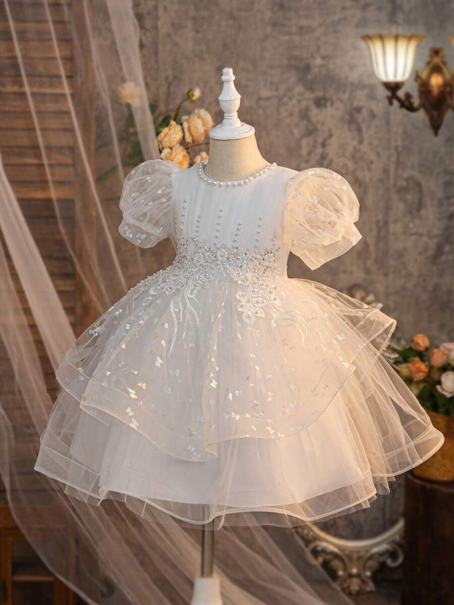 Tween Girls High-End White Puff Sleeve Pearl 3D Embroidery Flower Girl Wedding Dress, Colorful Butterfly Tulle Prom Birthday Party Princess Costume - White - View 1