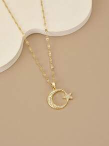 1pc Sparkling Star & Moon Studded Luxurious Stainless Steel Necklace For Women - Yellow Gold - View 2