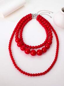 3pcs Fashionable Multi-Layered Faux Pearl Necklace, Elegant Design Suitable For Women Wedding Party Date Wear - Red - View 3