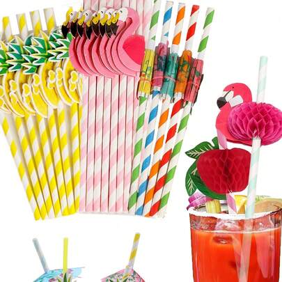 20 piezas Pajitas de papel con diseño de flamenco y frutas, agitadores de café y cócteles, pajitas desechables, decoración tropical hawaiana para fiestas de verano en la playa y la piscina