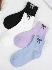 1/4 Pair Women Plain Ballerina Style Simple Versatile Breathable Bow Decorative Short Socks, Ins Chic College Style Mid-Calf Socks, Comfortable Soft Moisture Wicking, Suitable For Daily, Casual, Sports, Gifting, All Seasons - Multicolor - View 3