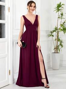 Spring V-Neck Slit Burgundy Bridesmaid Dress, Wedding Guest Dress, Elegant Women's Dress, Wedding Christmas Party Dress - Wine Red - View 4
