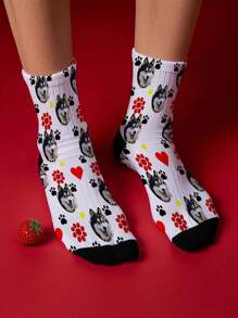 1 paire de chaussettes personnalisées avec impression du visage de l'animal de compagnie, chaussettes avec design de cœur d'animal de compagnie personnalisé, chaussettes décontractées confortables et respirantes, chaussettes de sport minimalistes à la mode, convenant aux activités extérieures, fitness, basketball, course