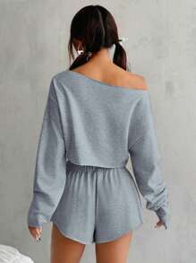 2pcs Women Casual Cotton Crop Top And Short Set, Acid Wash Vintage Distressed Knit Look, Edgy Sexy, Oversized Sweatshirt For Music Festivals, Dystopian Style, Party