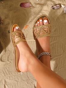 Sandalias planas para mujer con diseño tejido calado, cómodas sandalias casuales de playa con suela suave y flexible antideslizante con punta abierta