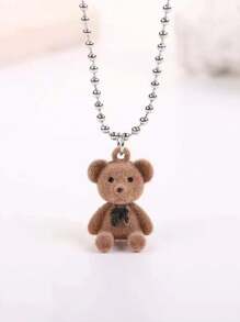 1pc Cute Milk Printed Flocked Bear Pendant Necklace, Clavicle Chain Sweater Jewelry - Multicolor - View 2