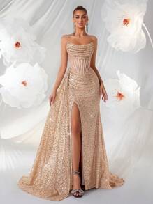 Elisanya Sequin Off Shoulder Hollow-Out Fishbone Prom Dress Ruched High Waist With Ribbon Split Thigh Backless Tie Back Cocktail Party Evening Long Floor Dress, Suit For Wedding Guest, Formal, Graduation And Date Night