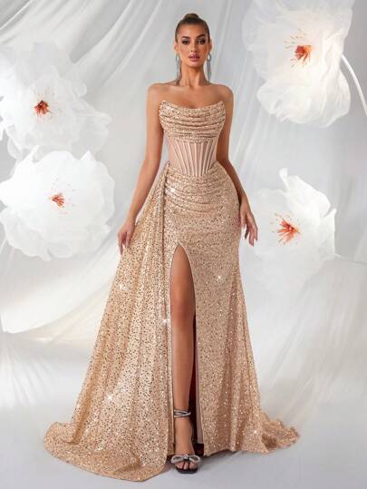 Elisanya Sequin Off Shoulder Hollow-Out Fishbone Prom Dress Ruched High Waist With Ribbon Split Thigh Backless Tie Back Cocktail Party Evening Long Floor Dress, Suit For Wedding Guest, Formal, Graduation And Date Night