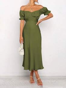 Women's Summer Satin Midi Dress Off The Shoulder Wrap Ruched Wedding Guest Party Cocktail Formal Prom Dresses - Army Green - View 2