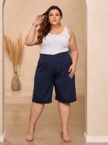 Plus Size BLVD Tailored Bermuda Shorts With High Waist, Elastic Waistband With Adjuster And Knife Pockets - 藏蓝色 - 查看 5
